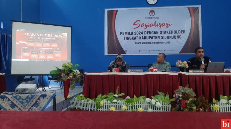 Komisi Pemilihan Umum (KPU) Kabupaten  Sijunjung, Sumatera Barat, pada Rabu (9/11/2022) di Auditorium Dinas PUPR Sijunjung, menggelar Sosialisasi Tahapan Pemilu 2024. IST