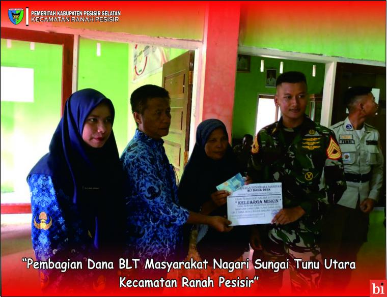 Kenagarian Sungai Tunu Utara Kecamatan Ranah Pesisir Kabupaten Pesisir Selatan Sumatera Barat, Senin  ( 22/05 ) telah dilaksanakan penyaluran BLT-DD 39 Penerima Manfaat (KPM). IST